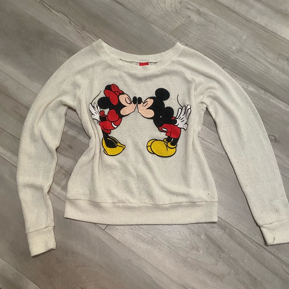 Disney Knitted Crew Neck Graphic Sweater with Mickey and Minnie Design